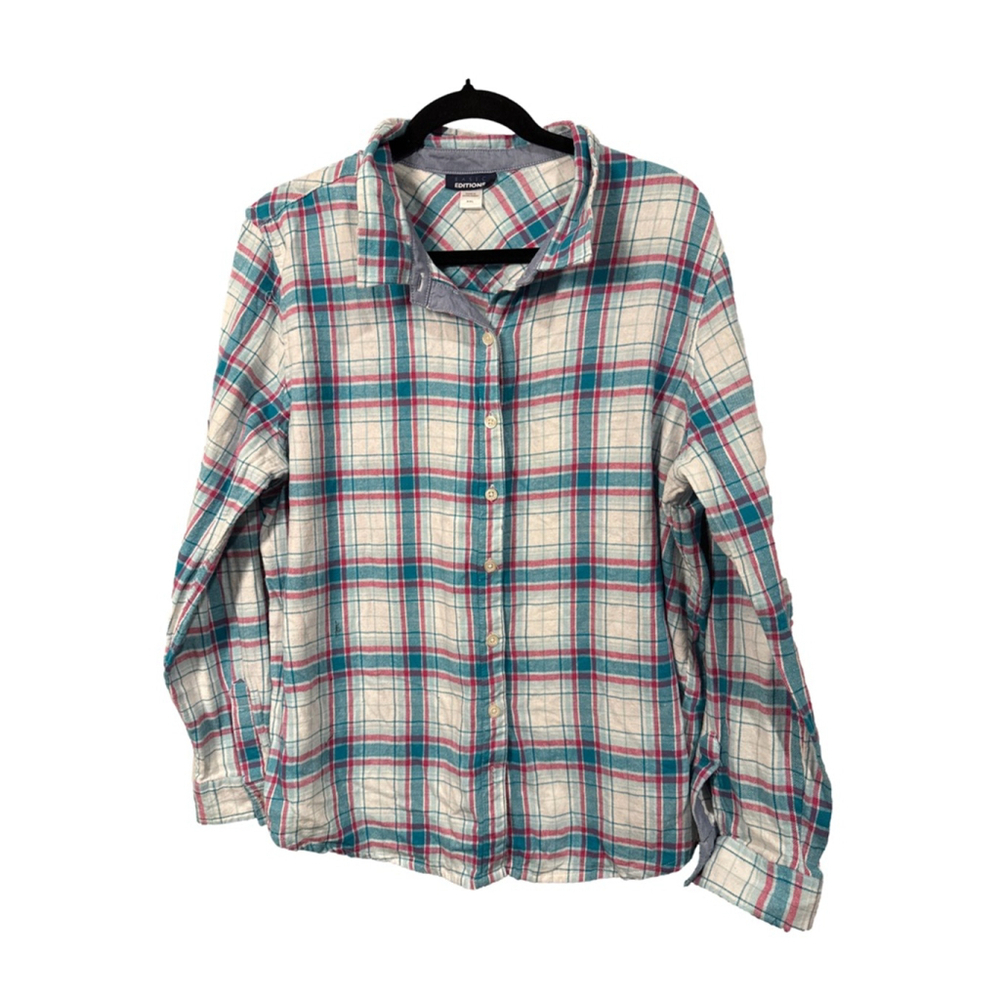 Basic Editions Cream Teal Pink Plaid Flannel Button Down Shirt XXL